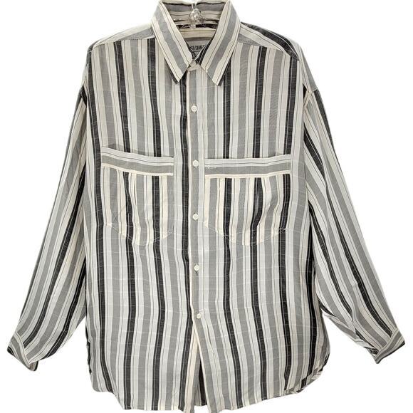 French Connection Vintage 80s Striped Long Sleeve Mens Rayon‎ Button Up Shirt - Picture 1 of 12